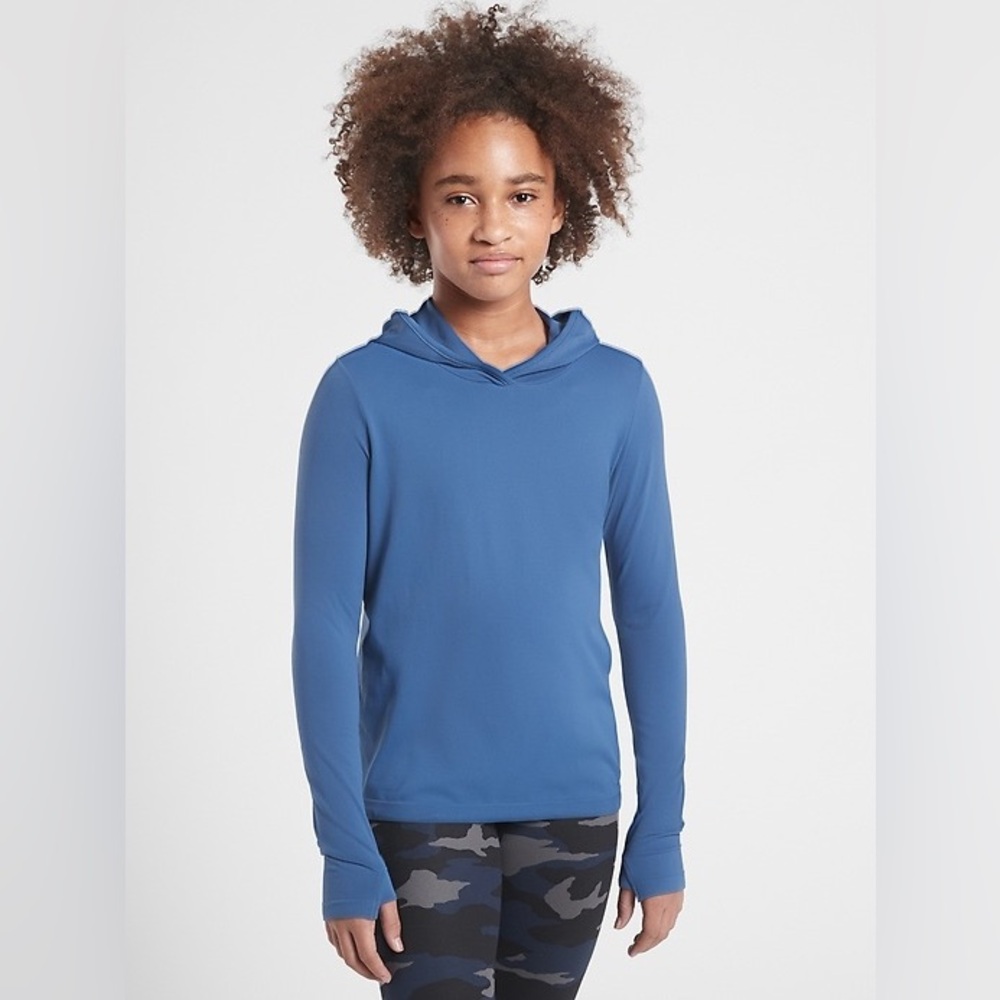 Athleta Girls Power Up Hooded Top Long Sleeve Chrome Blue size 12/ Large